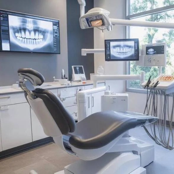 A dental treatment room with the chair and light ready for a visit